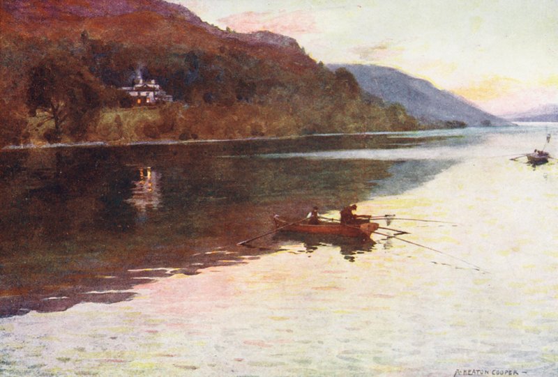Lake District: Brantwood, jezioro Coniston, połów karpi (kolorowa litografia) autorstwa Alfred Heaton Cooper