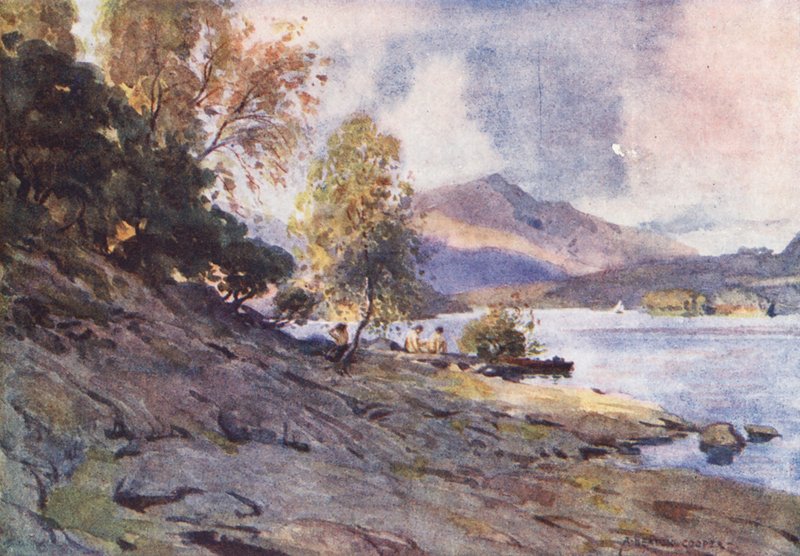 Kraina Jezior: Nad brzegiem Derwentwater (kolorowa litografia) autorstwa Alfred Heaton Cooper