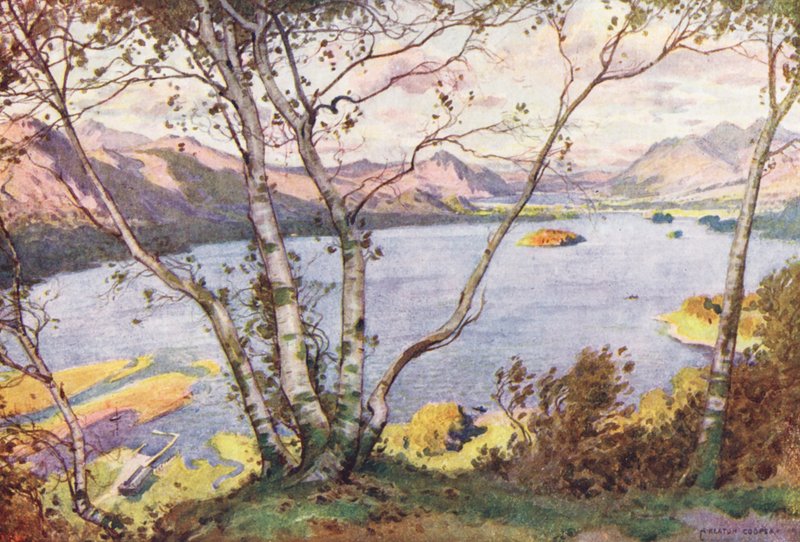 Lake District: Derwentwater i jezioro Bassenthwaite, z High Lodore (kolorowa litografia) autorstwa Alfred Heaton Cooper