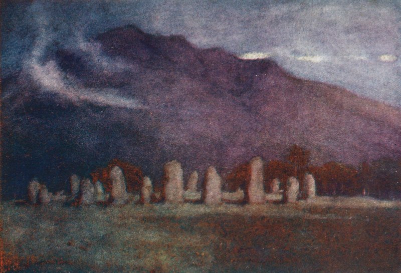 Kraina Jezior: Druid Circle, niedaleko Keswick, światło księżyca (kolorowa litografia) autorstwa Alfred Heaton Cooper