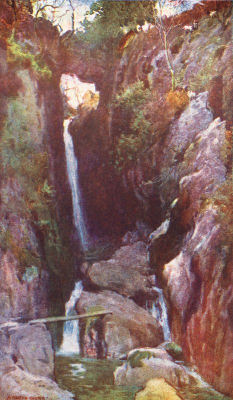 Kraina Jezior: Dungeon Ghyll Force, Langdale (kolorowa litografia) autorstwa Alfred Heaton Cooper