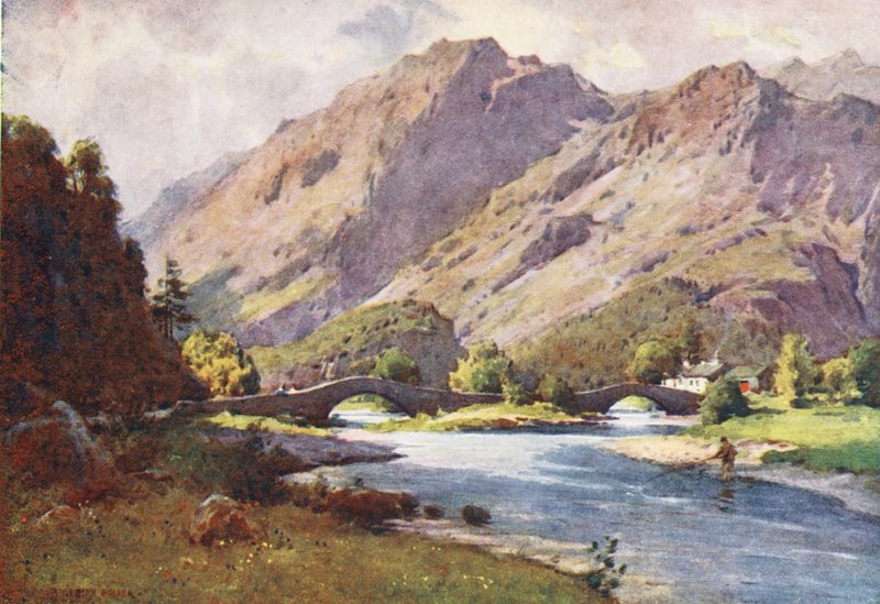 Kraina Jezior: Grange w Borrowdale, wczesny poranek (kolorowa litografia) autorstwa Alfred Heaton Cooper