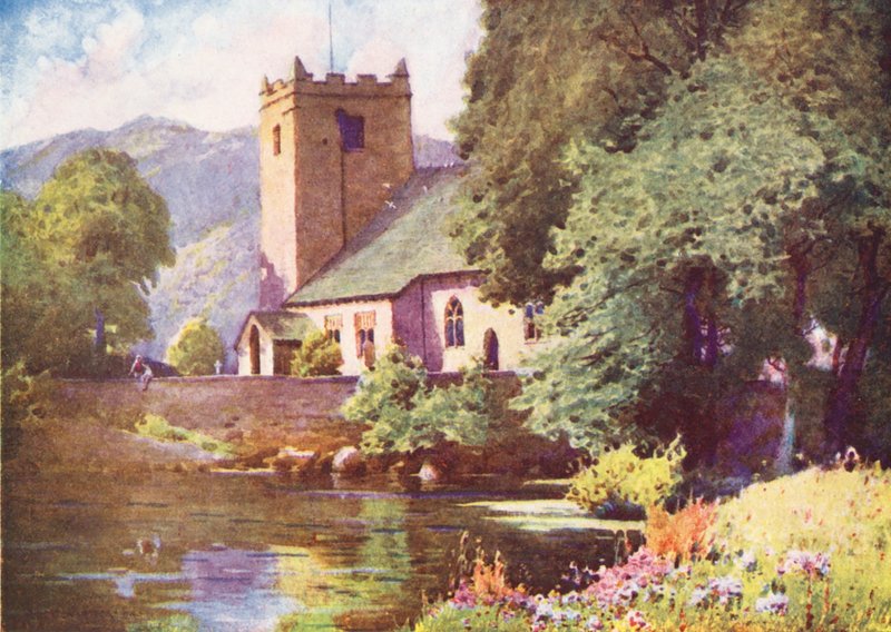 Lake District: Kościół Grasmere (kolorowa litografia) autorstwa Alfred Heaton Cooper