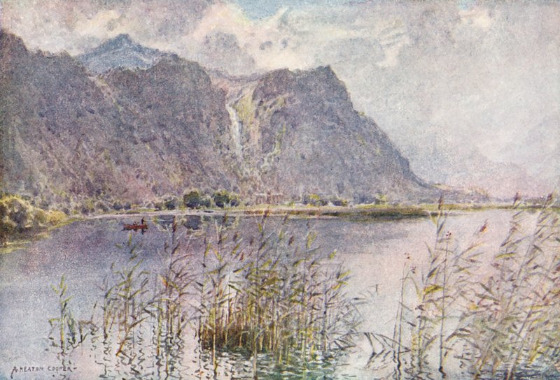 Kraina Jezior: Lodore i Derwentwater, letni poranek (kolorowa litografia) autorstwa Alfred Heaton Cooper