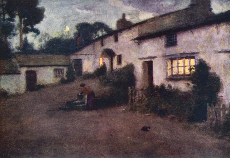 Lake District: Moonlight and Lamplight, Coniston (kolorowa litografia) autorstwa Alfred Heaton Cooper