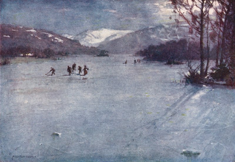 Lake District: Near the Ferry, Windermere, Skating by Moonlight (kolorowa litografia) autorstwa Alfred Heaton Cooper