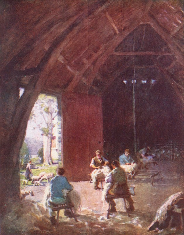 Lake District: Strzyżenie owiec, Esthwaite Hall Farm (kolorowa litografia) autorstwa Alfred Heaton Cooper