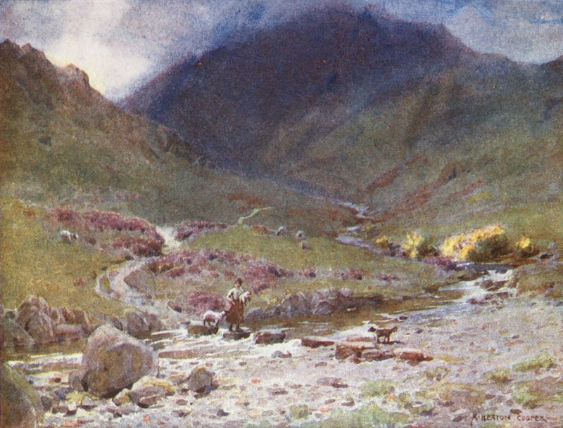 Lake District: Stepping-stones, Far Easedale, Grasmere (kolorowa litografia) autorstwa Alfred Heaton Cooper