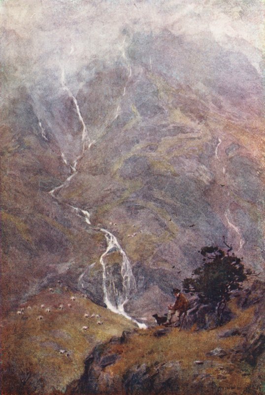 Lake District: The Shepherd, Yewdale, Coniston (kolorowa litografia) autorstwa Alfred Heaton Cooper