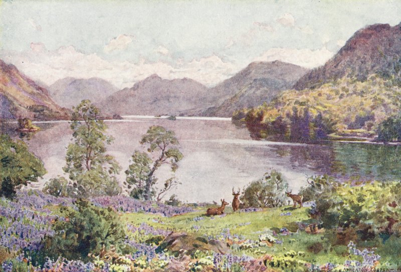 Kraina Jezior: Ullswater, z Gowbarrow Park, parny czerwcowy poranek (kolorowa litografia) autorstwa Alfred Heaton Cooper