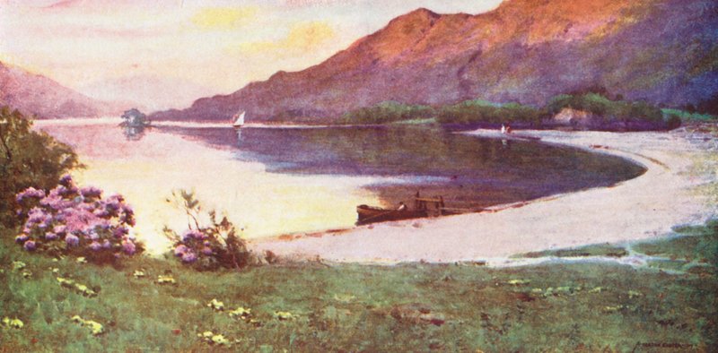 Kraina Jezior: Ullswater, Silver Strand, afterglow (kolorowa litografia) autorstwa Alfred Heaton Cooper