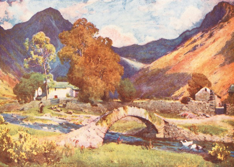 Kraina Jezior: Wastdalehead i Great Gable, pod wieczór jesienią (kolorowa litografia) autorstwa Alfred Heaton Cooper