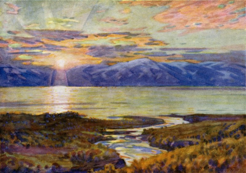 Północne słońce nad jeziorem Torne Trask, z Abisko autorstwa Alfred Heaton Cooper