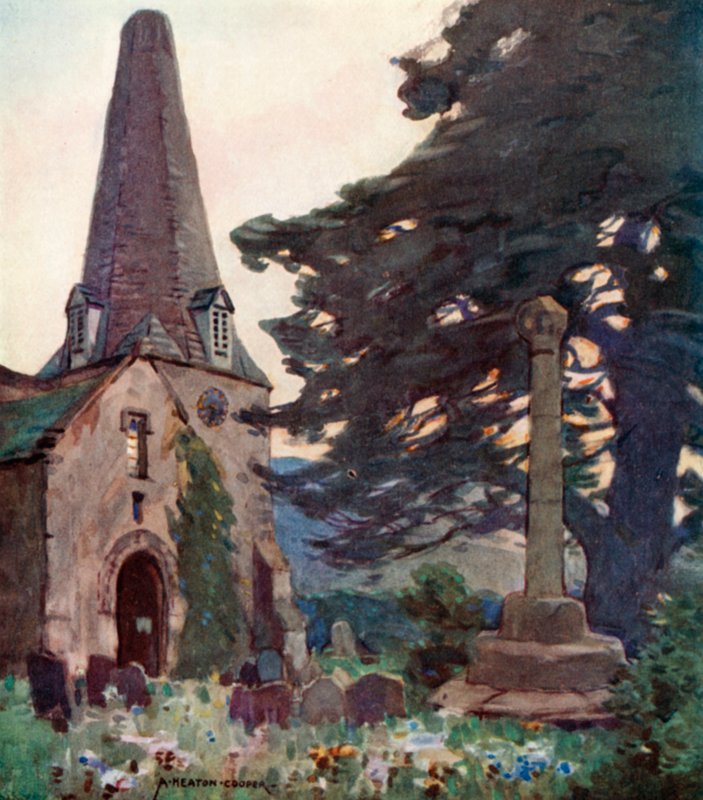Kościół i Krzyż w Porlocku (kolor lito) autorstwa Alfred Heaton Cooper