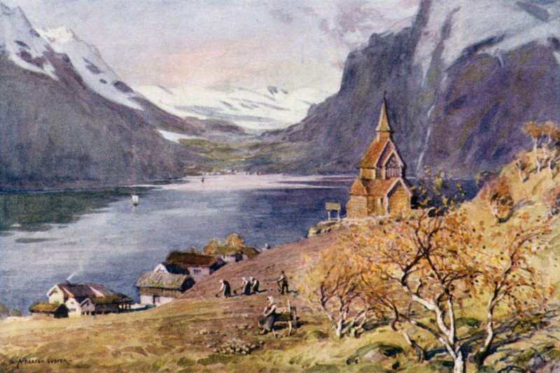 Kościół Urnaes, Lyster, Fiord Sogne autorstwa Alfred Heaton Cooper