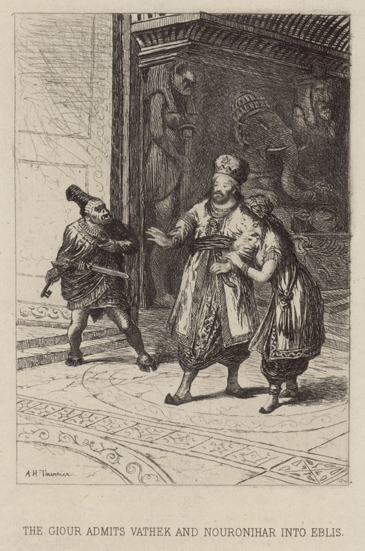 Giour wpuszcza Vatheka i Nouronihara do Eblis (akwaforta) autorstwa Alfred Holst Tourrier