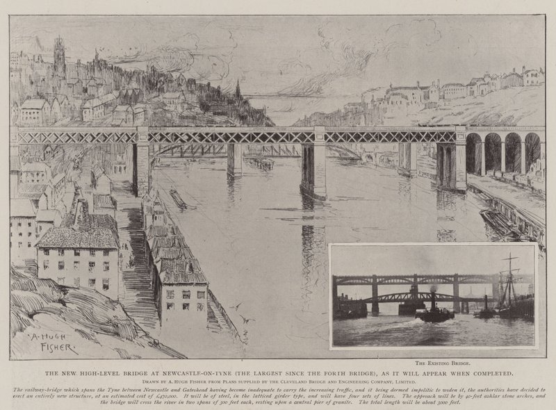 Nowy most High-Level w Newcastle-on-Tyne (największy od czasu mostu Forth), jak będzie wyglądał po ukończeniu autorstwa Alfred Hugh Fisher