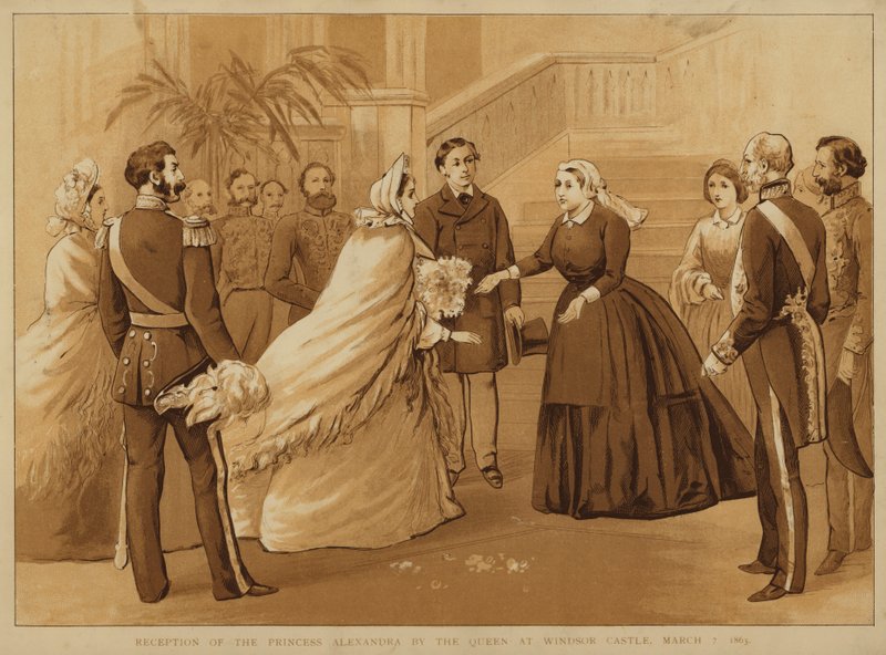 Przyjęcie księżniczki Aleksandry przez królową Wiktorię w zamku Windsor, 7 marca 1863 (chromolitho) autorstwa Alfred Johnson