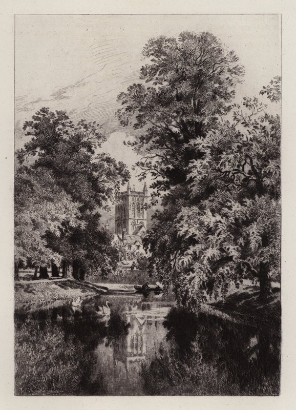 Cambridge: Cam w pobliżu Trinity College, z wieżą kaplicy św. Jana (akwaforta) autorstwa Alfred Louis Brunet Debaines