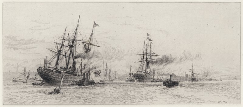 Wysyłka na Mersey (akwaforta) autorstwa Alfred Louis Brunet Debaines