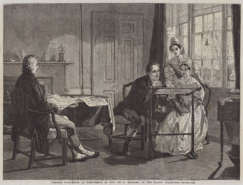 George Stephenson w Darlington w 1823 r. autorstwa Alfred Rankley