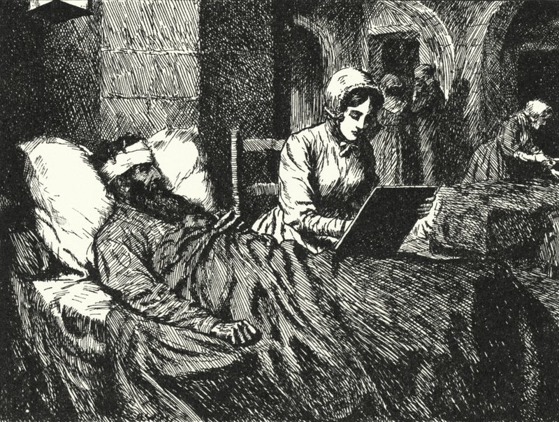 Angielska pielęgniarka Florence Nightingale pisze list do żołnierza rannego w wojnie krymskiej w szpitalu Scutari, 1855 autorstwa Alfred Wallis Mills