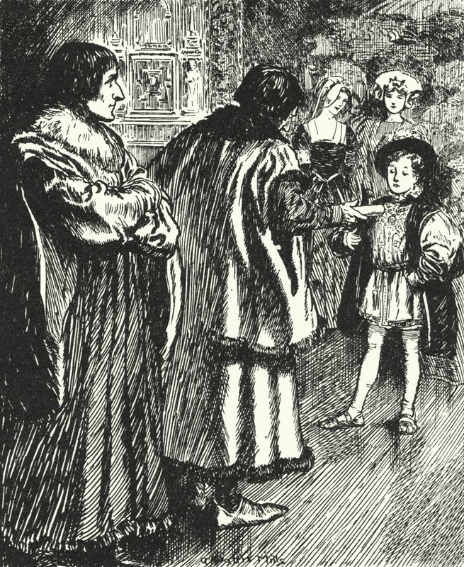 Erasmus ogląda sir Tomasz More prezentujący wiersz, który napisał do młodego księcia Henryka, przyszłego króla Henryka VIII autorstwa Alfred Wallis Mills