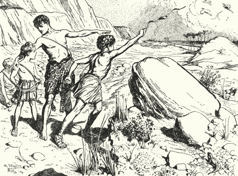Hannibal i jego bracia uczą się rzucać kamieniami z procy autorstwa Alfred Wallis Mills