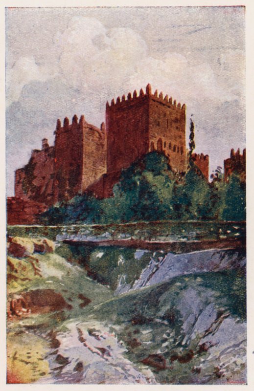 Zamek Guimaraes, Portugalia (kolorowa litografia) autorstwa Alfredo Roque Gameiro