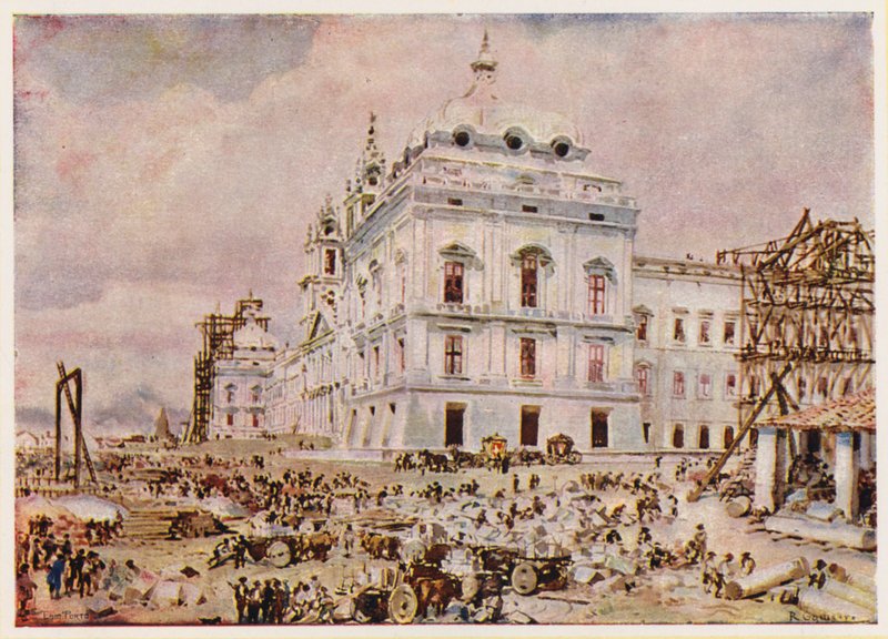 Budowa pałacu-klasztoru w Mafrze, Portugalia (kolorowa litografia) autorstwa Alfredo Roque Gameiro