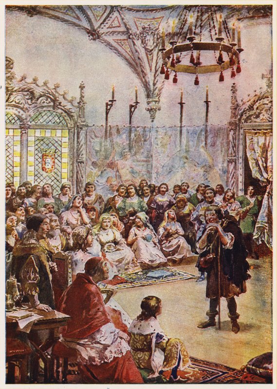 Gil Vicente na dworze króla Portugalii Manuela I (kolorowa litografia) autorstwa Alfredo Roque Gameiro