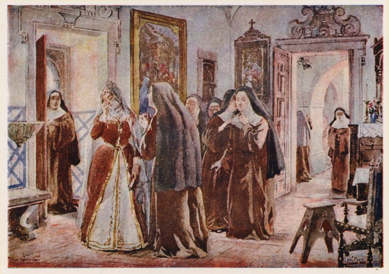 Maria Franciszka Sabaudzka, królowa Portugalii, w klasztorze Matki Bożej Nadziei w Lizbonie autorstwa Alfredo Roque Gameiro
