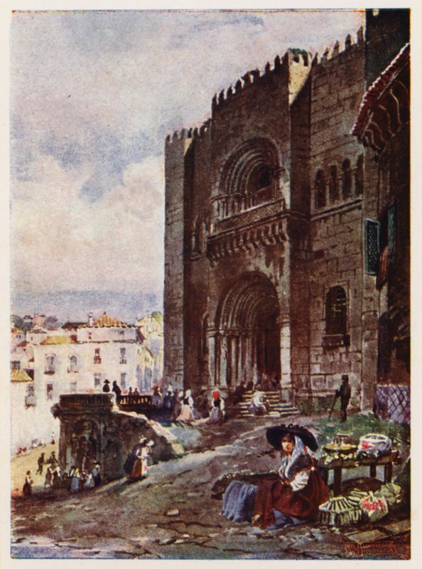 Stare miasto Coimbra, Portugalia (kolorowa litografia) autorstwa Alfredo Roque Gameiro