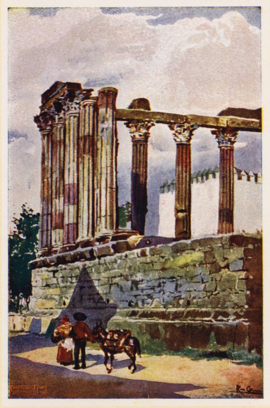 Świątynia Diany, Evora, Portugalia (kolorowa litografia) autorstwa Alfredo Roque Gameiro