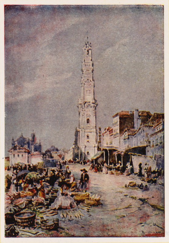 Wieża Clerigos, Porto, Portugalia (kolorowa litografia) autorstwa Alfredo Roque Gameiro