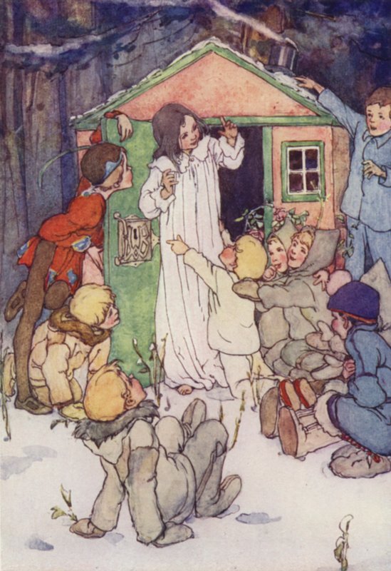 Zagubieni chłopcy uklękli przed nią (litografia kolorowa) autorstwa Alice Bolingbroke (after) Woodward