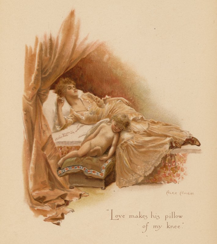 Stare piosenki miłosne: "Miłość robi poduszkę z mojego kolana". (kolorowa litografia) autorstwa Alice Havers