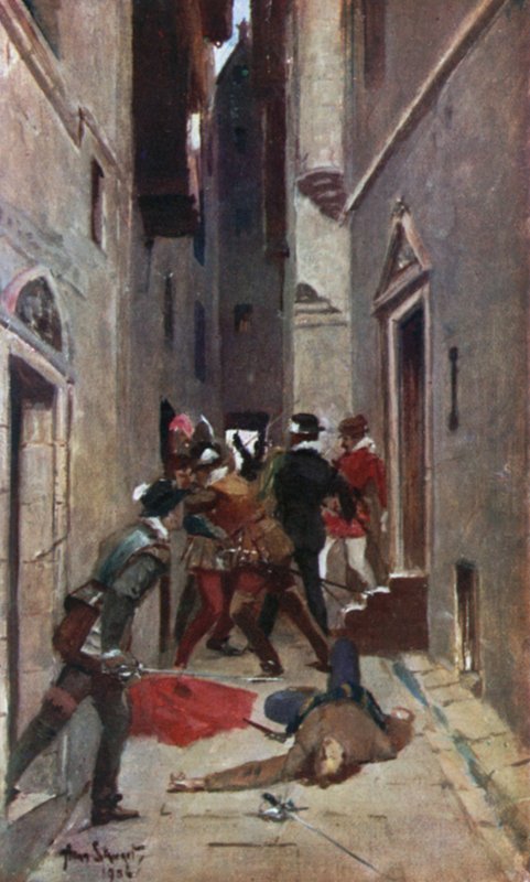 „A Tulzie” na High Street w Edynburgu. Ilustracja do Opowieści dziadka Sir Waltera Scotta (Werner Laurie, ok. 1910). autorstwa Allan (after) Stewart