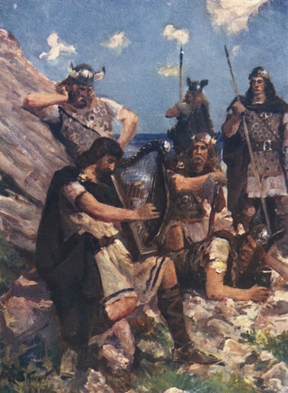 Przebrany za starego barda, król Alfred przybył do Obozu Zaciekłych Duńczyków (kolor lito) autorstwa Allan (after) Stewart
