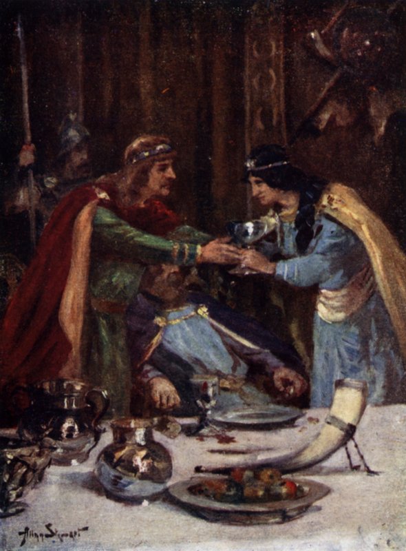 Zatrucie króla Aethelberta II Wschodniej Anglii przez Cynethryth, żonę Offa II z Mercji, 794 (kolor lito) autorstwa Allan (after) Stewart