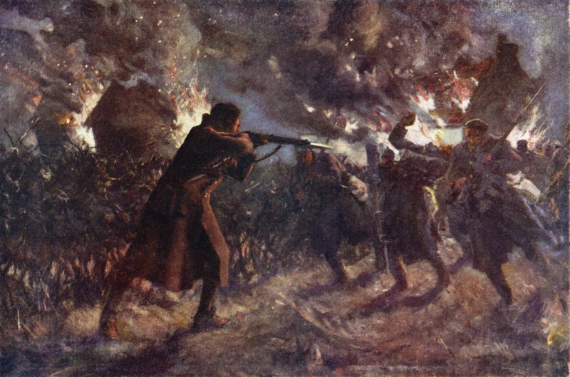 Szeregowy James Meston atakuje, w pojedynkę, kilku wrogów, którzy zbliżali się po zdobyciu brytyjskiego rowu, Pierwsza bitwa pod Ypres, 31 października 1914 (kolor lito) autorstwa Allan (after) Stewart