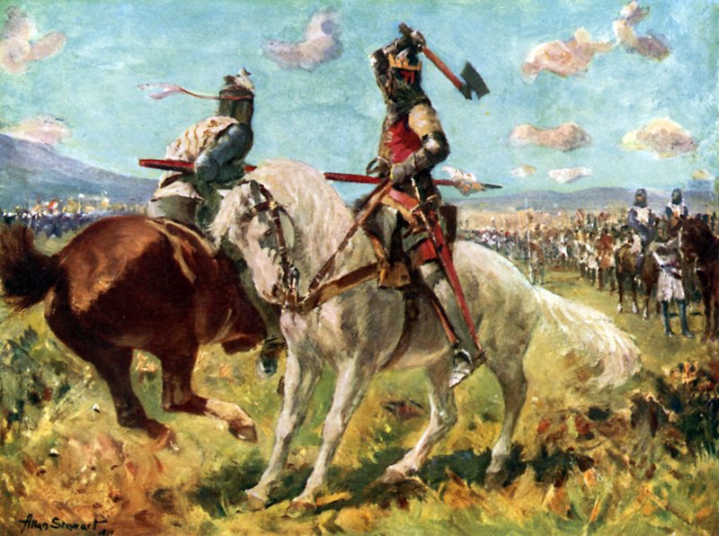 Walka między królem Robertem Brucem i Sir Henrym de Bohunem w Bannockburn (kolor lito) autorstwa Allan (after) Stewart