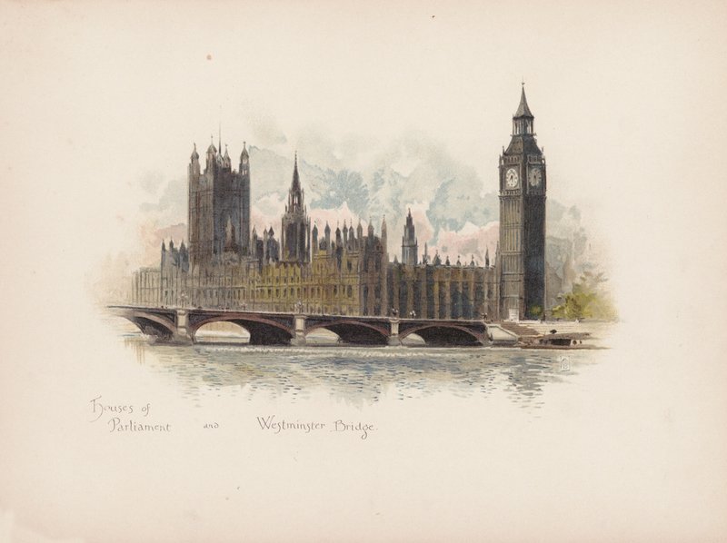 Znany Londyn: Houses of Parliament i Westminster Bridge (kolorowa litografia) autorstwa Allan F. Barraud
