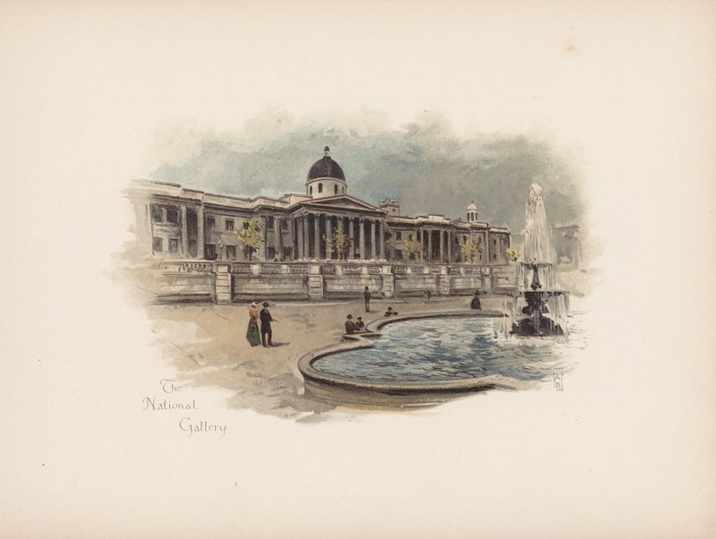 Znany Londyn: The National Gallery (kolorowa litografia) autorstwa Allan F. Barraud
