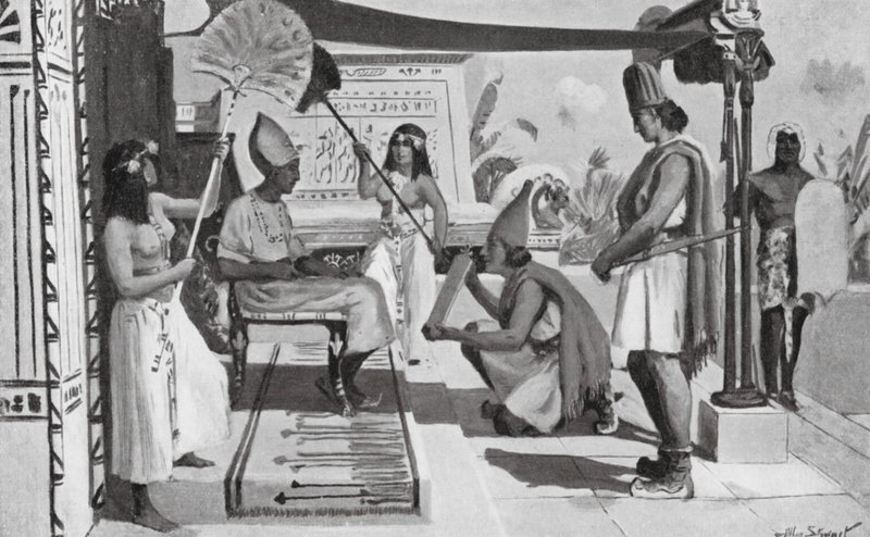 Ramzes II otrzymujący kopię traktatu z Hetytami (litografia) autorstwa Allan Stewart