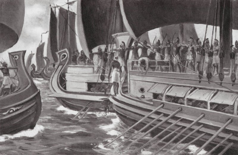 Pierwsza walka morska w historii (litografia) autorstwa Allan Stewart