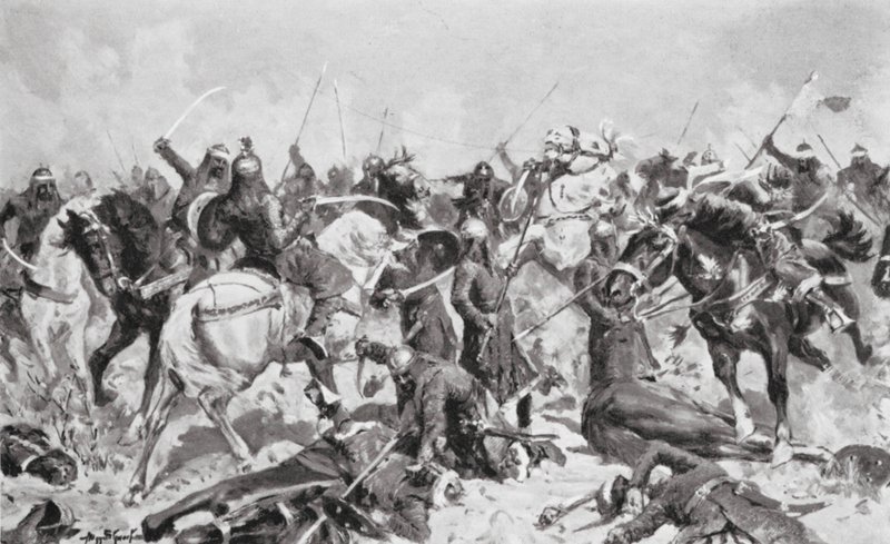 Ostatni bastion Radźputów przeciwko Mahometanom w 1192 r. n.e. (litografia) autorstwa Allan Stewart