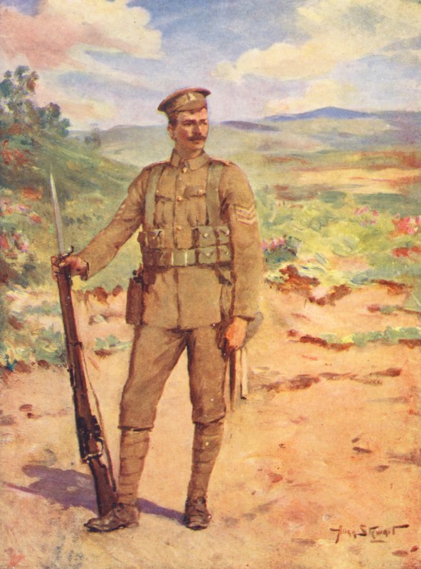 WW1: Nowoczesny brytyjski żołnierz (kolorowa litografia) autorstwa Allan Stewart