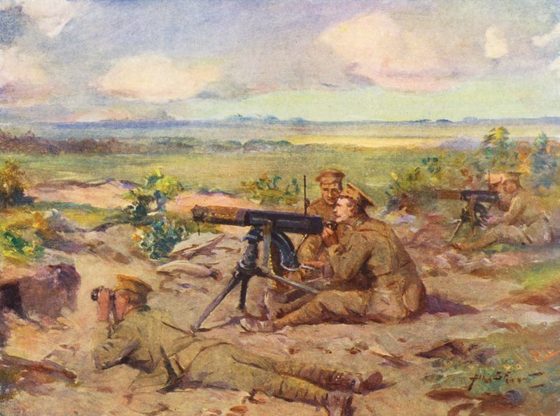 WW1: Karabiny maszynowe w akcji (kolorowa litografia) autorstwa Allan Stewart