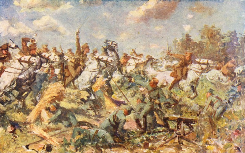 WW1: Szarża szkockich szaserów, sierpień 1914 (kolorowa litografia) autorstwa Allan Stewart